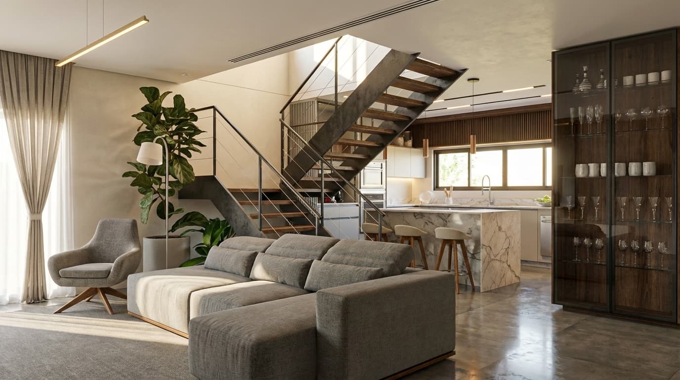 Photorealistic living room render generated with Heo AI